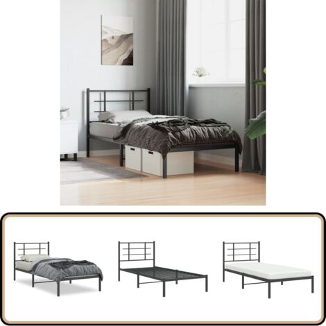 Cadre de lit métal sans matelas avec tête de lit noir 90x190 cm - Cadre De Lit - Lit Double - Lit Metal - Lit Noir - Meuble Chambre