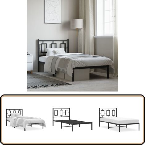 Cadre de lit métal sans matelas avec tête de lit noir 90x190 cm - Cadre De Lit - Lit Double - Lit Metal - Lit Noir - Meuble Chambre