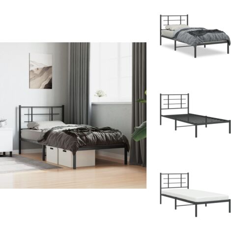 Cadre de lit métal sans matelas avec tête de lit noir 90x190 cm - Cadre De Lit - Lit Double - Lit Metal - Lit Noir - Meuble Chambre