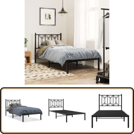 Cadre de lit métal sans matelas avec tête de lit noir 90x190 cm - Cadre De Lit - Lit Simple - Lit Metal - Lit Avec Têtedé Lit - Literie