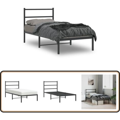 Cadre de lit métal sans matelas avec tête de lit noir 90x190 cm - Cadre De Lit - Lit Simple - Lit Metal - Lit Noir - Meuble Chambre