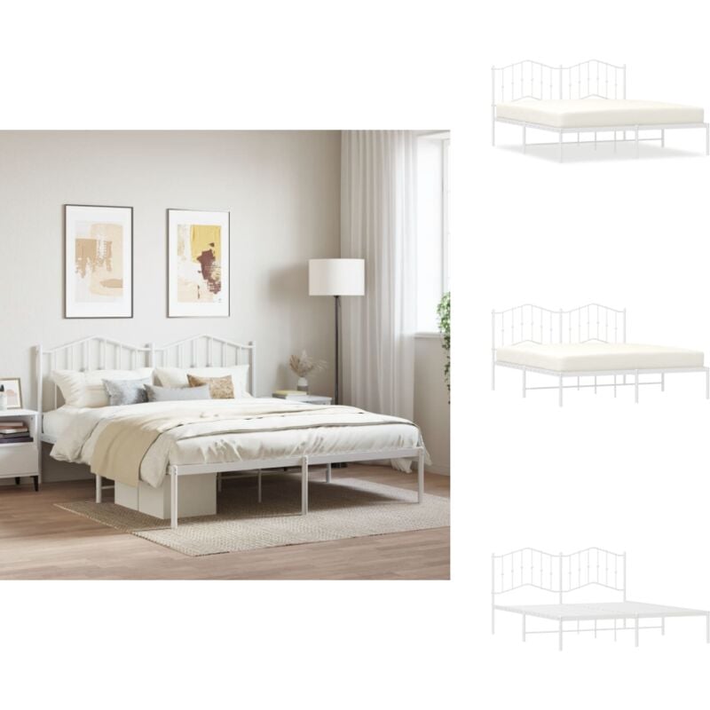Cadre de lit métal sans matelas et tête de lit blanc 160x200 cm - Cadre De Lit - Lit Double - Lit Metal - Lit Blanc - Meuble Chambre