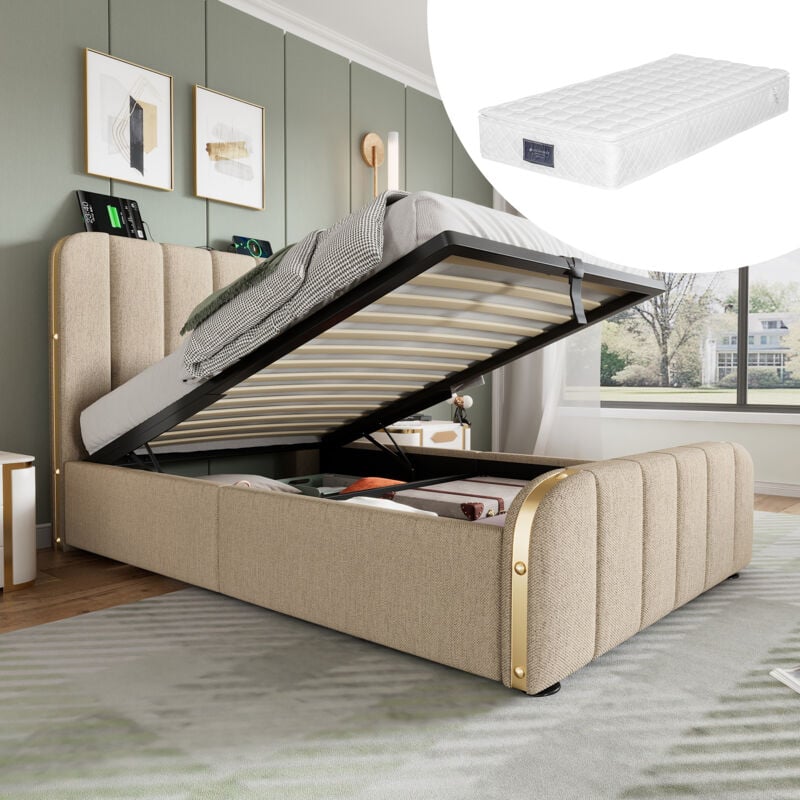 Lit rembourré lit simple, tête de lit rembourrée avec rayures décoratives dorées et fonction de chargement USB Type-C 90 x 200 cm, tissu en lin