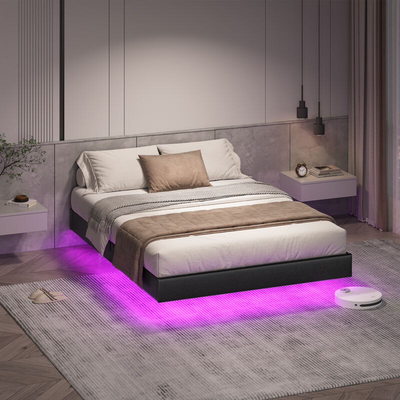 Vidaxl - Cadre de lit Plateforme, Simple Lit avec Éclairage led, Assemblage Facile, Support à Lattes en Bois, Noir, 140x200 cm