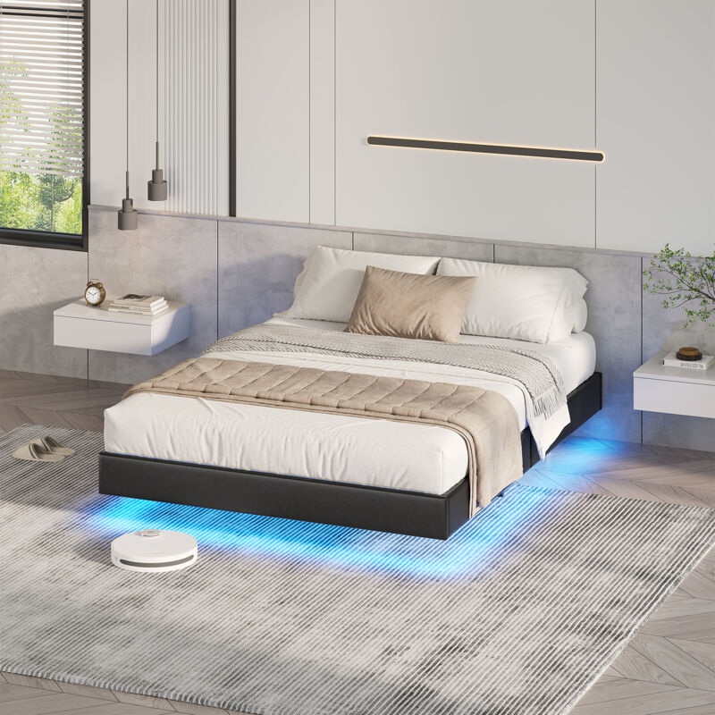 Vidaxl - Cadre de lit Plateforme, Simple Lit avec Éclairage led, Assemblage Facile, Support à Lattes en Bois, Noir, 140x190 cm