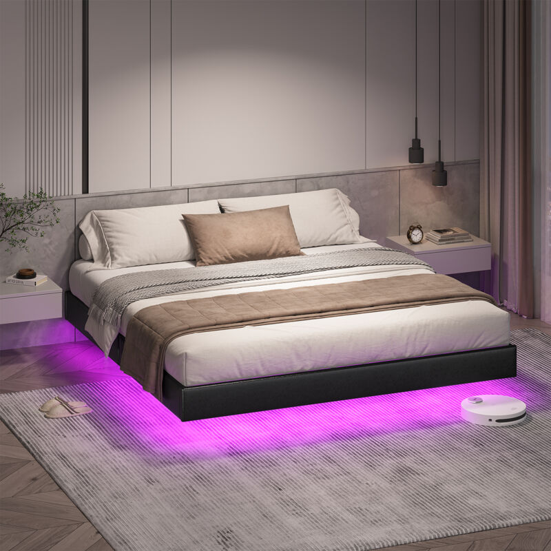 Cadre de lit Plateforme, Simple Lit avec Éclairage LED, Assemblage Facile, Support à Lattes en Bois, Noir, 180x200 cm