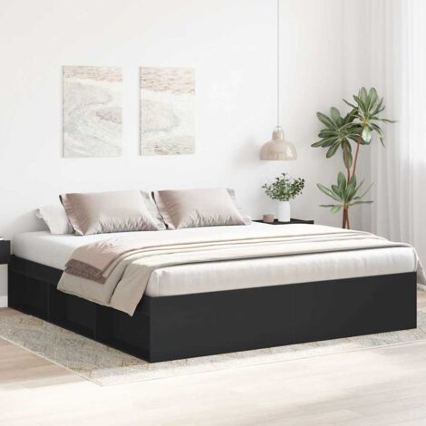 Cadre de lit moderne sans matelas 200x200 cm en bois d'ingénierie noir avec rangement et lattes contreplaqué