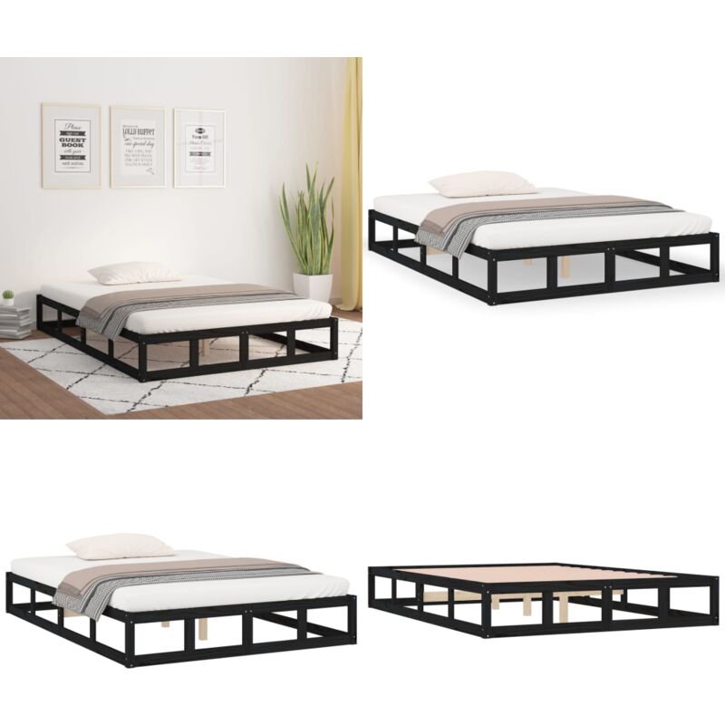 Cadre de lit sans matelas noir 140x200 cm bois massif - Cadre De Lit - Lit Double - Lit En Bois - Bois Massif - Design Moderne - Home & Living