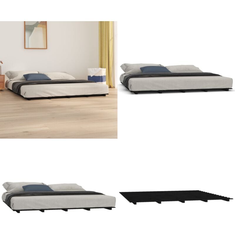 Cadre de lit sans matelas noir 200x200 cm bois massif de pin - Cadre De Lit - Lit Double - Bois Massif - Lit En Pin - Cadre Lit Noir - Home & Living