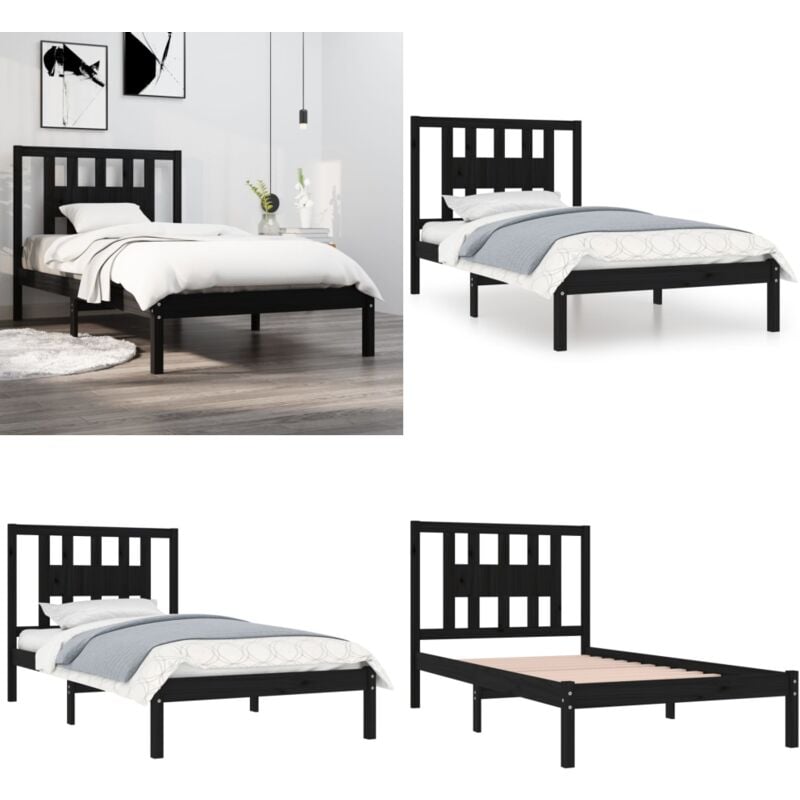 Cadre de lit sans matelas noir bois massif 100x200 cm - Cadre De Lit - Lit Double - Lit En Bois - Lit Noir - Chambre À Coucher - Home & Living