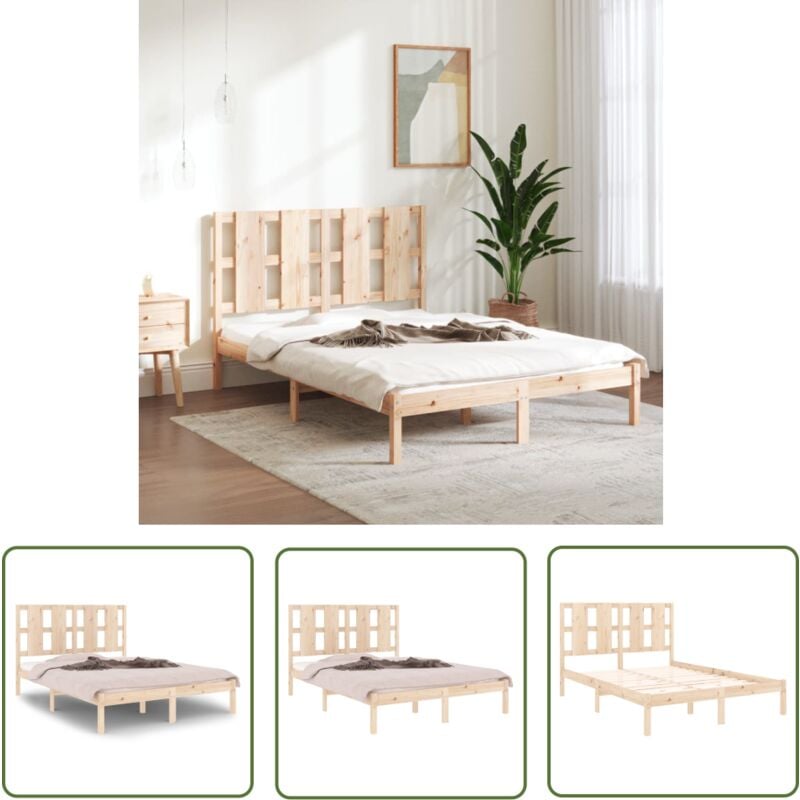 The Living Store Cadre de lit sans matelas 140x190 cm bois de pin massif - Cadre De Lit - Lit Double - Bois Massif - Lit Design - Literie