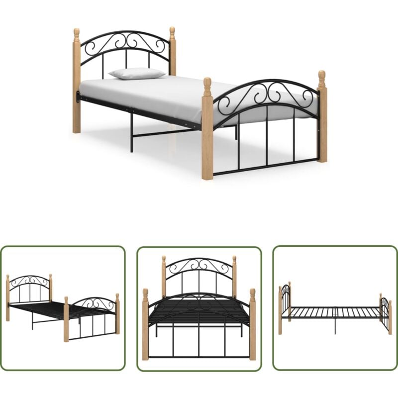 Doc&et² - The Living Store Cadre de lit sans matelas noir métal bois chêne massif 90x200cm - Cadre De Lit - Lit Double - Lit En Métal - Lit Avec