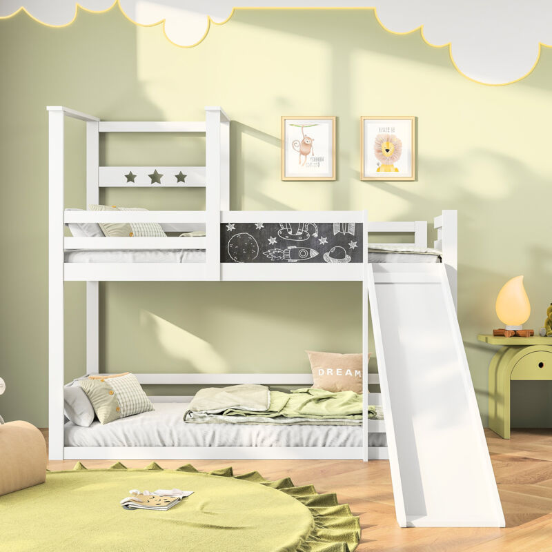 Lit superposé 90 x 200,lit superposé avec toboggan,lit enfant avec toboggan,lit mezzanine 2 places,cadre de lit avec sommier à lattes,lit en bois de