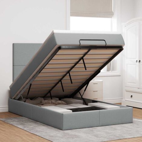 Cadre de lit ottoman avec matelas et surmatelas, 120x200 cm, tissu polyester gris clair, ressorts ensachés, rangement hydraulique