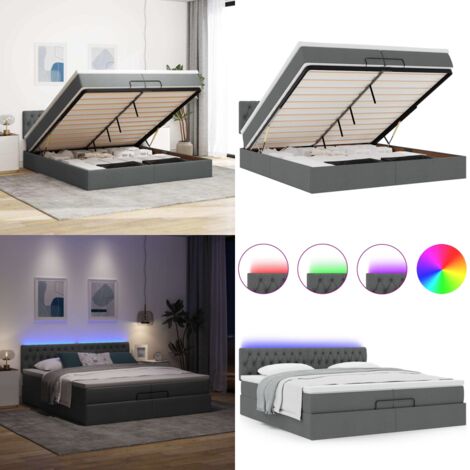 Cadre de lit ottoman avec matelas gris foncé 200x200cm tissu - Matelas à ressorts ensachés - Rangement sous le lit