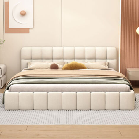 Cadre de lit plateforme pleine grandeur, tête de lit tapissée et support de lattes en bois, support de matelas entièrement tapissé, support de lattes en bois solide,Beige