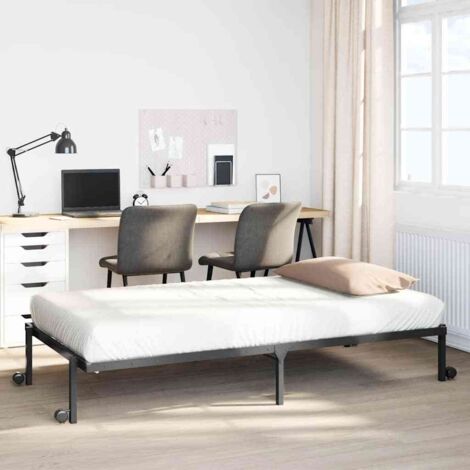 Cadre de Lit Pliable en Acier Noir 90x190 cm avec Sommier à Lattes et Roues - 212x94.5x30 cm
