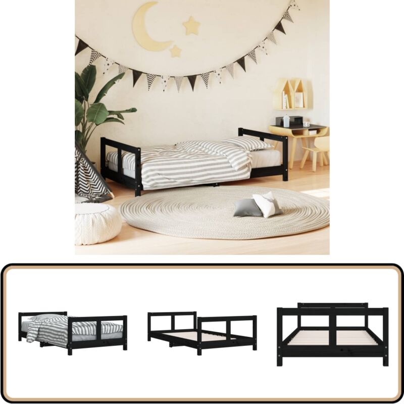 Cadre de lit pour enfant noir 80x160 cm bois de pin massif - Lit Bébé - Lit Enfant - Mobilier Enfant - Chambre D'enfant - Bois De Pin