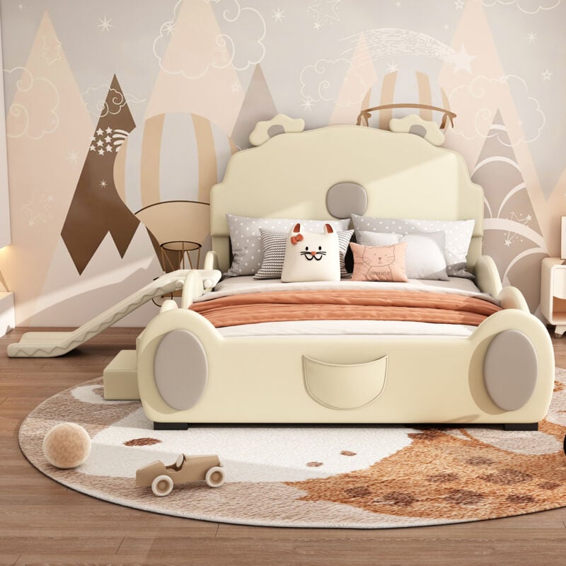 Sureh - Cadre de lit pour enfants, 140 x 200 cm, lit ourson avec toboggan et échelle, lit rembourré, cadre de lit double en pu - Beige