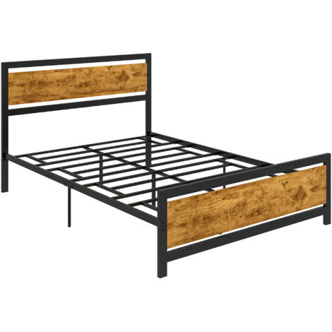 Cadre de lit queen en bois et acier, 147x208x103cm, lattes intégrées et tête de lit de style industriel, noir et brun rustique