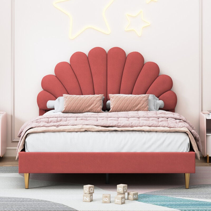 Sureh - Cadre de lit Queen Size, cadre de lit plateforme tapissé de velours avec tête de lit à motifs floraux, cadre de lit en bois massif, pas de