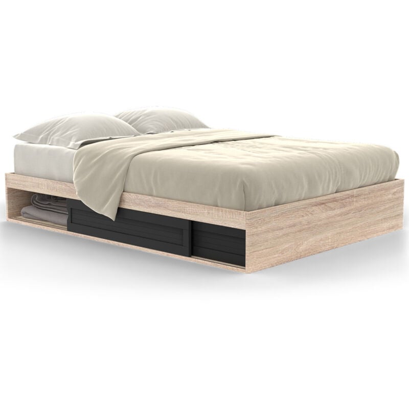 Cadre de lit double salem avec rangements et sommier 140 x 190 cm façon hêtre et noir