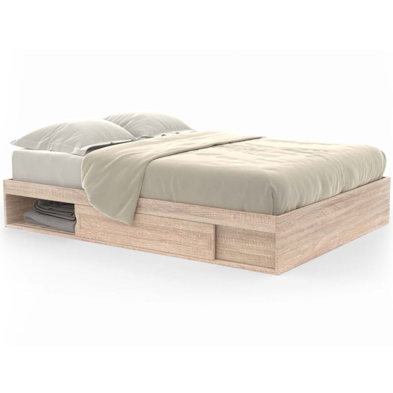 Cadre de lit double salem avec rangements et sommier 140 x 190 cm façon hêtre
