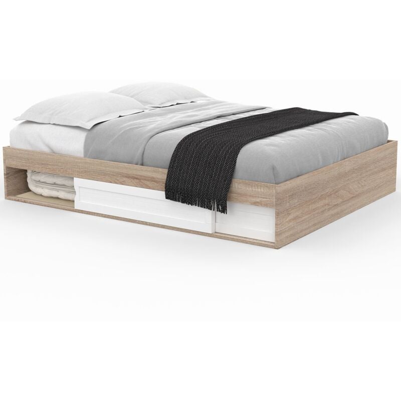 Cadre de lit double salem avec rangements et sommier 160 x 200 cm façon hêtre et blanc