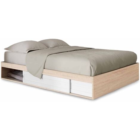 Cadre de lit SALEM avec rangements et sommier 140 x 190 cm effet bois et blanc