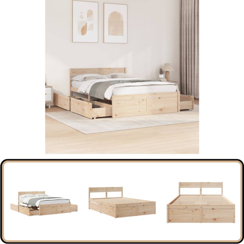 Cadre de lit sans matelas 140x190 cm bois de pin massif - Cadre De Lit - Lit Double - Meuble De Chambre - Bois Massif - Rangement Sous Lit