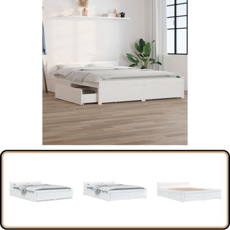 Cadre de lit sans matelas avec tiroirs blanc 140x190 cm - Cadre De Lit - Lit Double - Lit En Bois - Meuble De Chambre - Rangement Sous Lit