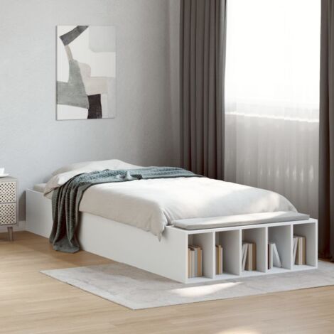 Cadre de lit sans matelas blanc 100x200 cm avec lattes contreplaqué et rangement intégré en bois d'ingénierie
