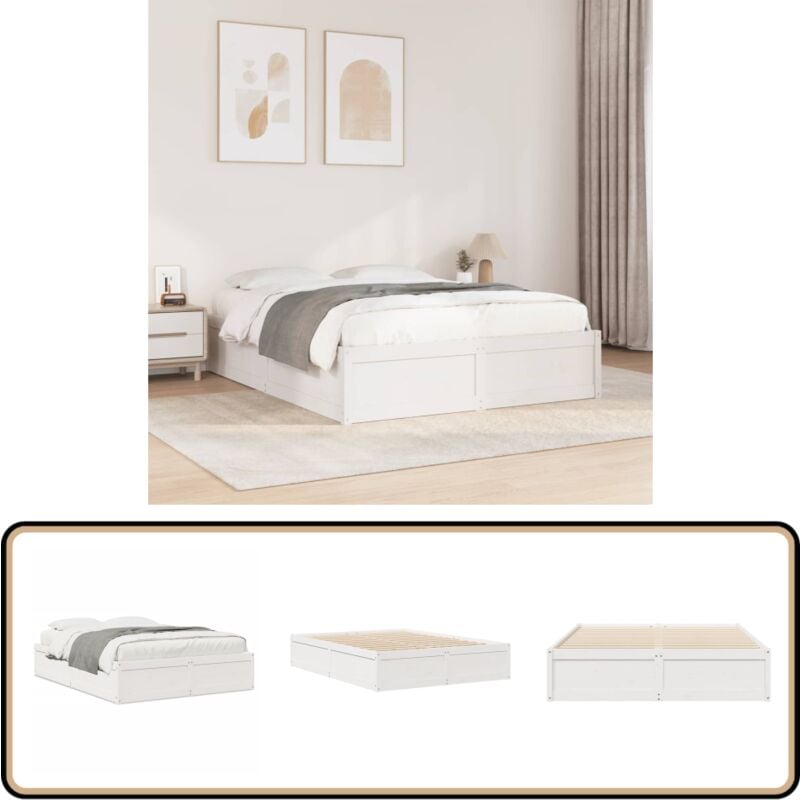 Cadre de lit sans matelas blanc 140x190 cm bois de pin massif - Cadre De Lit - Lit Double - Lit Blanc - Lit En Bois - Meuble Chambre