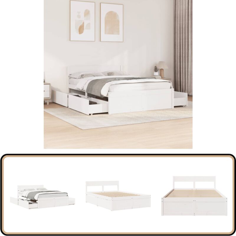Cadre de lit sans matelas blanc 140x190 cm bois de pin massif - Cadre De Lit - Lit Double - Meuble De Chambre - Lit Design - Lit Avec Tiroirs