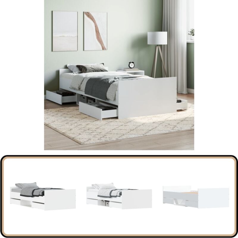 Cadre de lit sans matelas blanc 90x190 cm - Lit Simple - Cadre De Lit - Lit Blanc - Meuble Chambre - Rangement Sous Lit