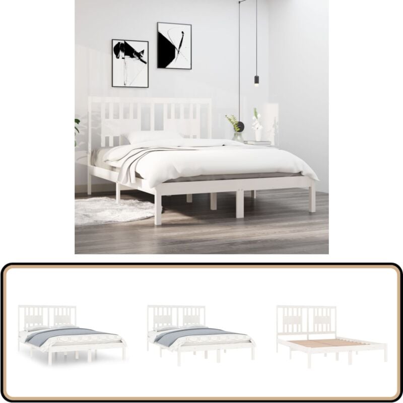 Cadre de lit sans matelas blanc bois massif 140x190 cm - Cadre De Lit - Lit Double - Bois Massif - Lit Blanc - Chambre à Coucher
