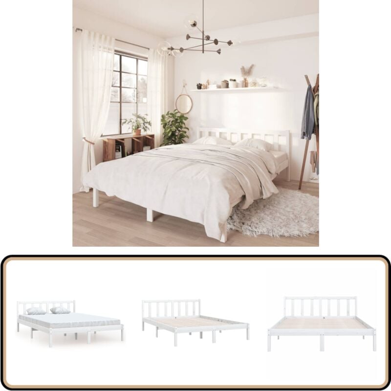 Cadre de lit sans matelas blanc bois massif 160x200 cm - Cadre De Lit - Lit Double - Lit En Bois - Bois Massif - Sommier