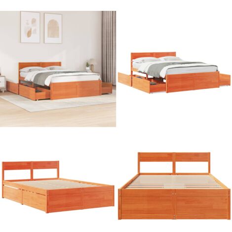 Cadre de lit sans matelas cire marron 135x190cm bois pin massif - Cadre De Lit - Lit Double - Lit Design - Lit Coffre - Meuble Chambre - Home & Living