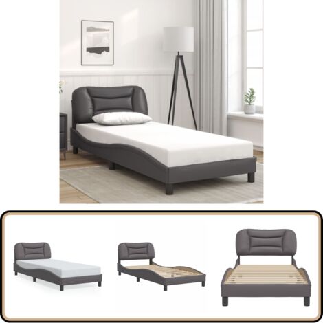 Cadre de lit sans matelas gris 90x190 cm similicuir - Lit Plateforme - Tête De Lit Intégrée - Cadre De Lit Design - Lit Double - Literie