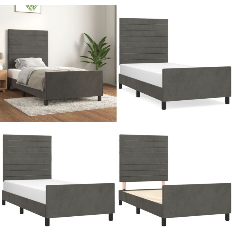 Cadre de lit sans matelas gris foncé 90x190 cm velours - Lit Plateforme - Lit Capitonné - Lit Design - Cadre Lit Velours - Lit Double - Home & Living