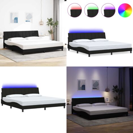 Cadre de lit sans matelas Hanko noir 200x200 cm tissu - Coussin de tête - Lumière LED