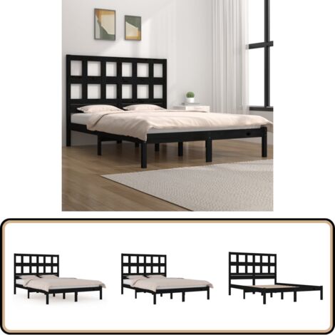 Cadre de lit sans matelas noir 140x190 cm bois de pin massif - Cadre De Lit - Lit Double - Lit En Bois - Lit Design - Tête De Lit Rembourrée