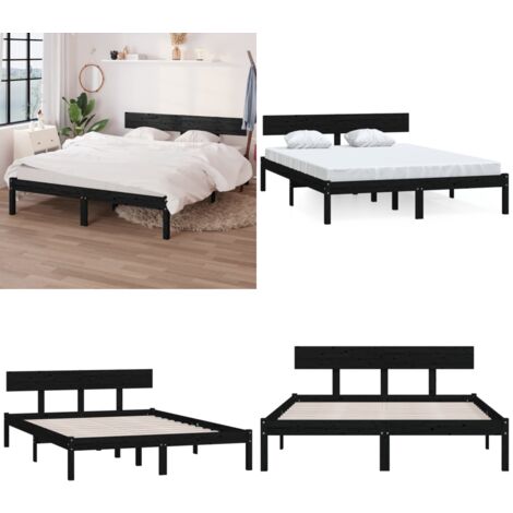 Cadre de lit sans matelas noir bois massif 140x190 cm - Cadre De Lit - Lit Double - Lit En Bois - Lit Noir - Sommier Plateforme - Home & Living