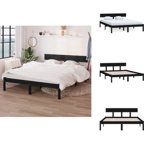 Cadre de lit sans matelas noir bois massif 160x200 cm - Cadre De Lit - Lit Double - Lit En Bois - Lit Noir - Meuble Chambre
