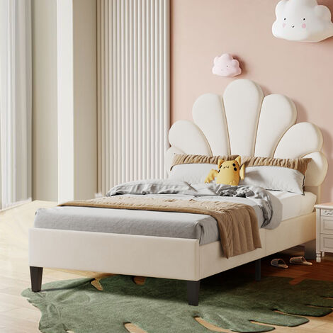 Cadre de lit simple 90x200 cm, lit enfant - avec tête de lit en forme de fleur et Sommier à lattes - tissu velours - Beige
