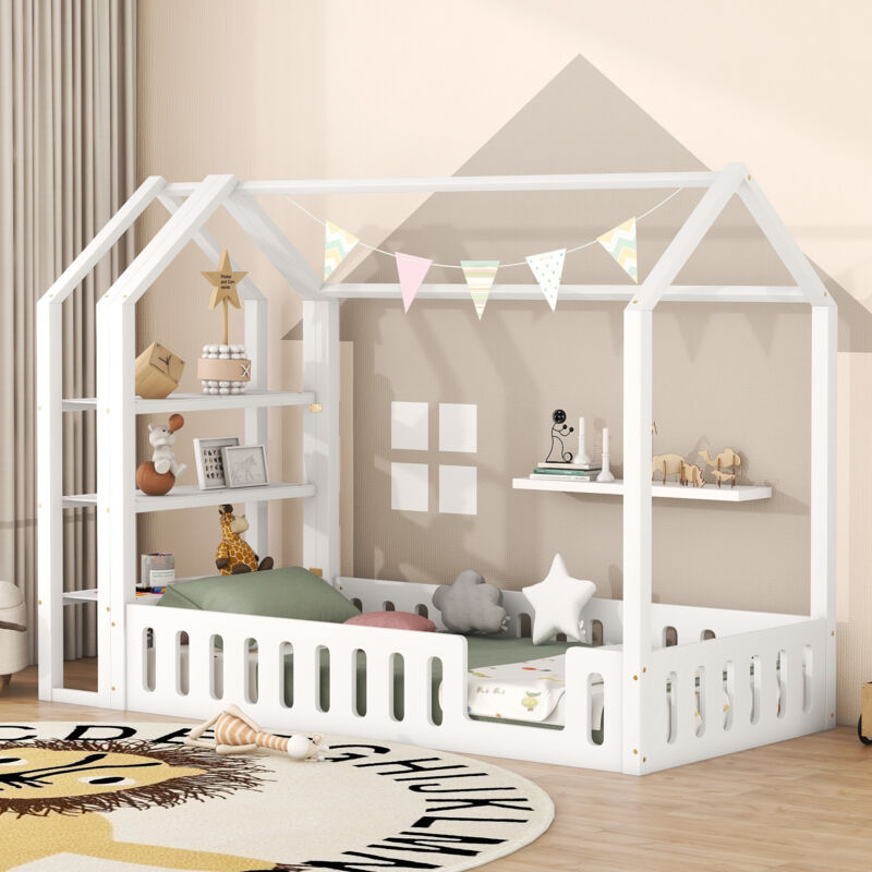 Redom - Lit simple Cadre de lit simple - avec barrières, avec 3 étagères, lit enfant - blanc, 90 x 200 cm