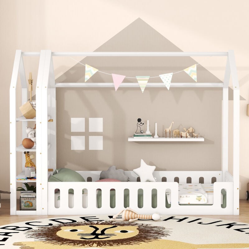 Okwish - Lit simple d'enfant 90x200 cm lit cabane avec barrières de protection, 3 étagères, en pin massif, blanc