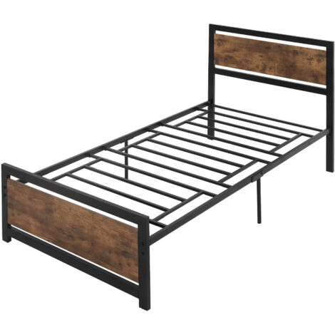 Cadre de lit simple en bois et acier 97x 208x103cm, lattes intégrées, tête de lit et pied de lit de style industriel, noir et brun rustique