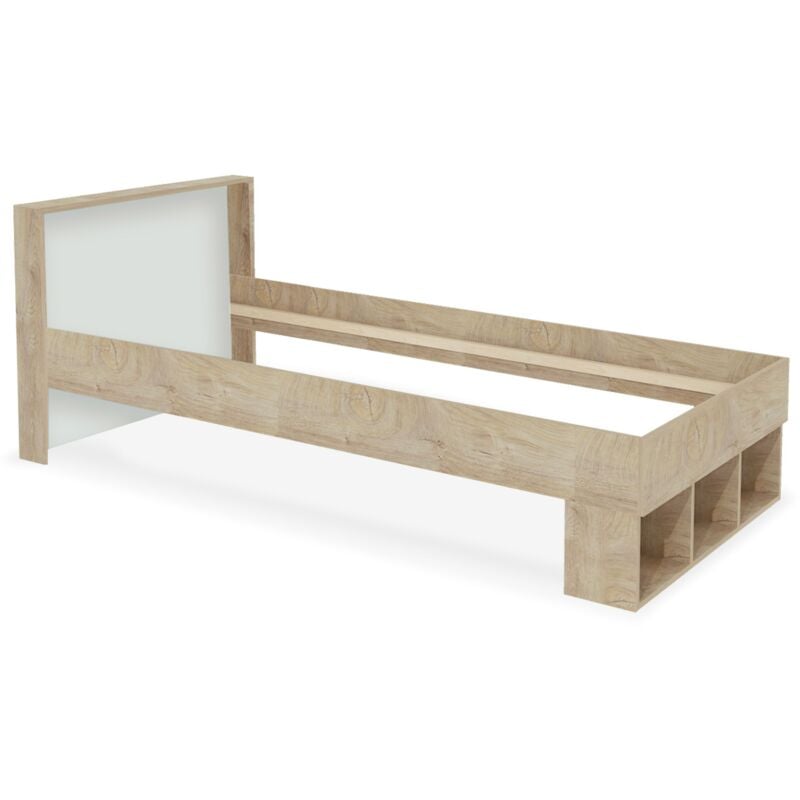 Cotecosy - Cadre de lit simple Mitogo pour sommier 90x200cm avec 3 casiers de rangement Chêne clair