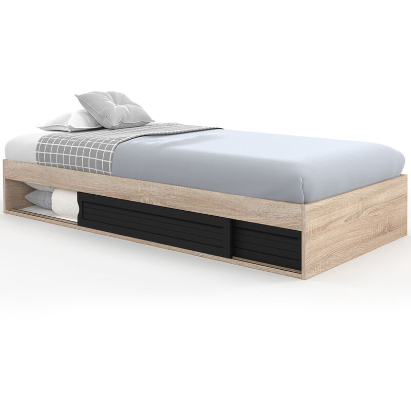 Idmarket - Cadre de lit simple salem avec rangement et sommier 90 x 190 cm façon hêtre et noir